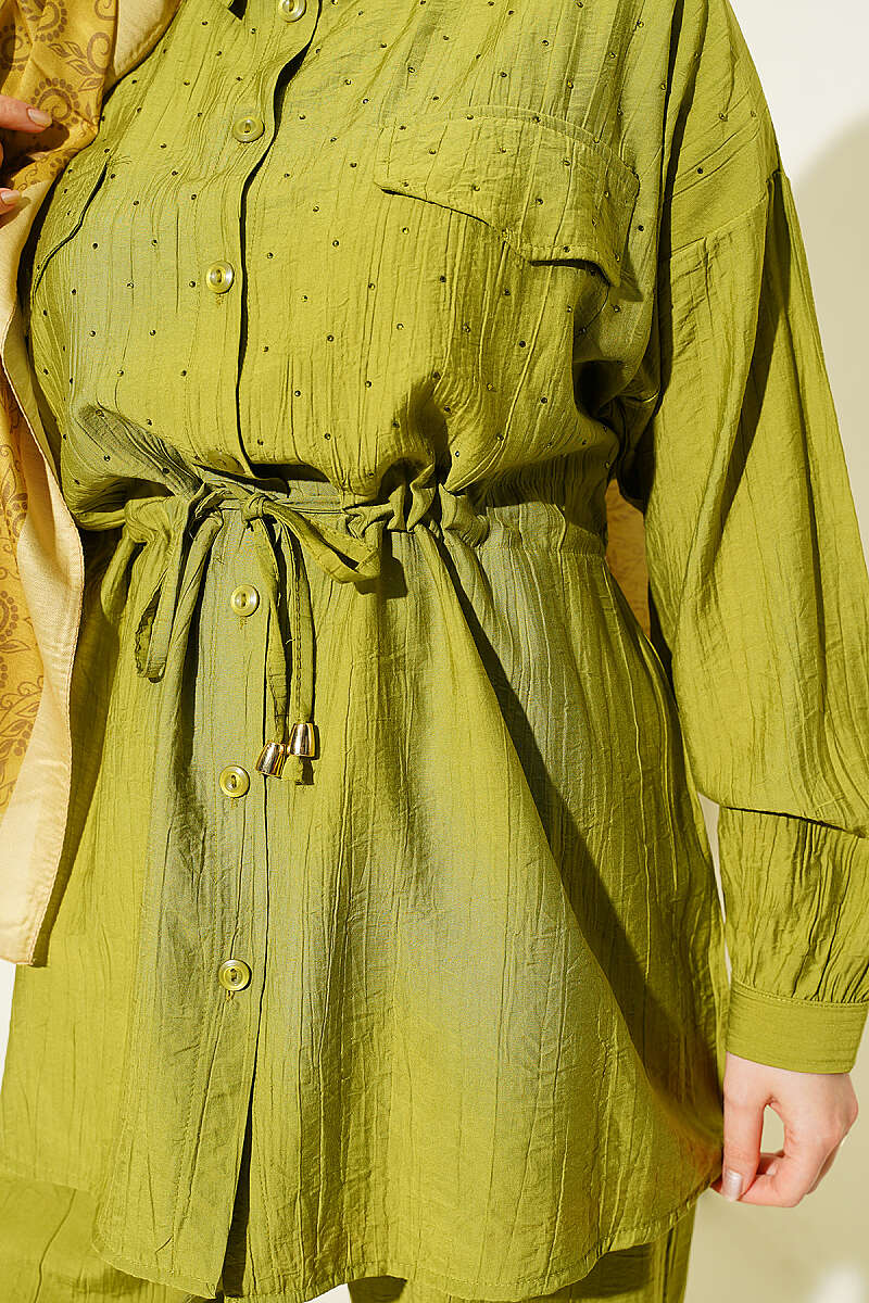 Two-Piece Set with Faux Flap Pockets and Mini Stones - Olive