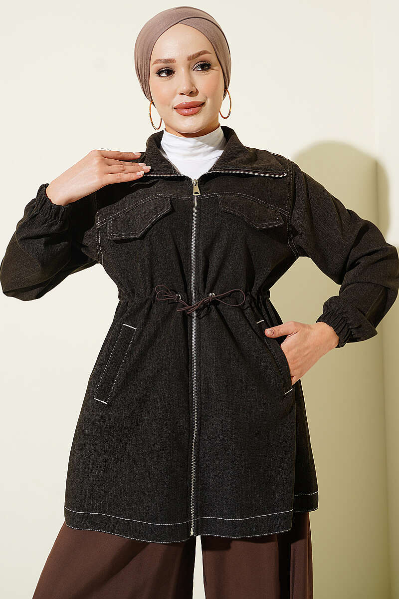 Jacket with Faux Pockets and Elastic Cuffs - Dark Brown