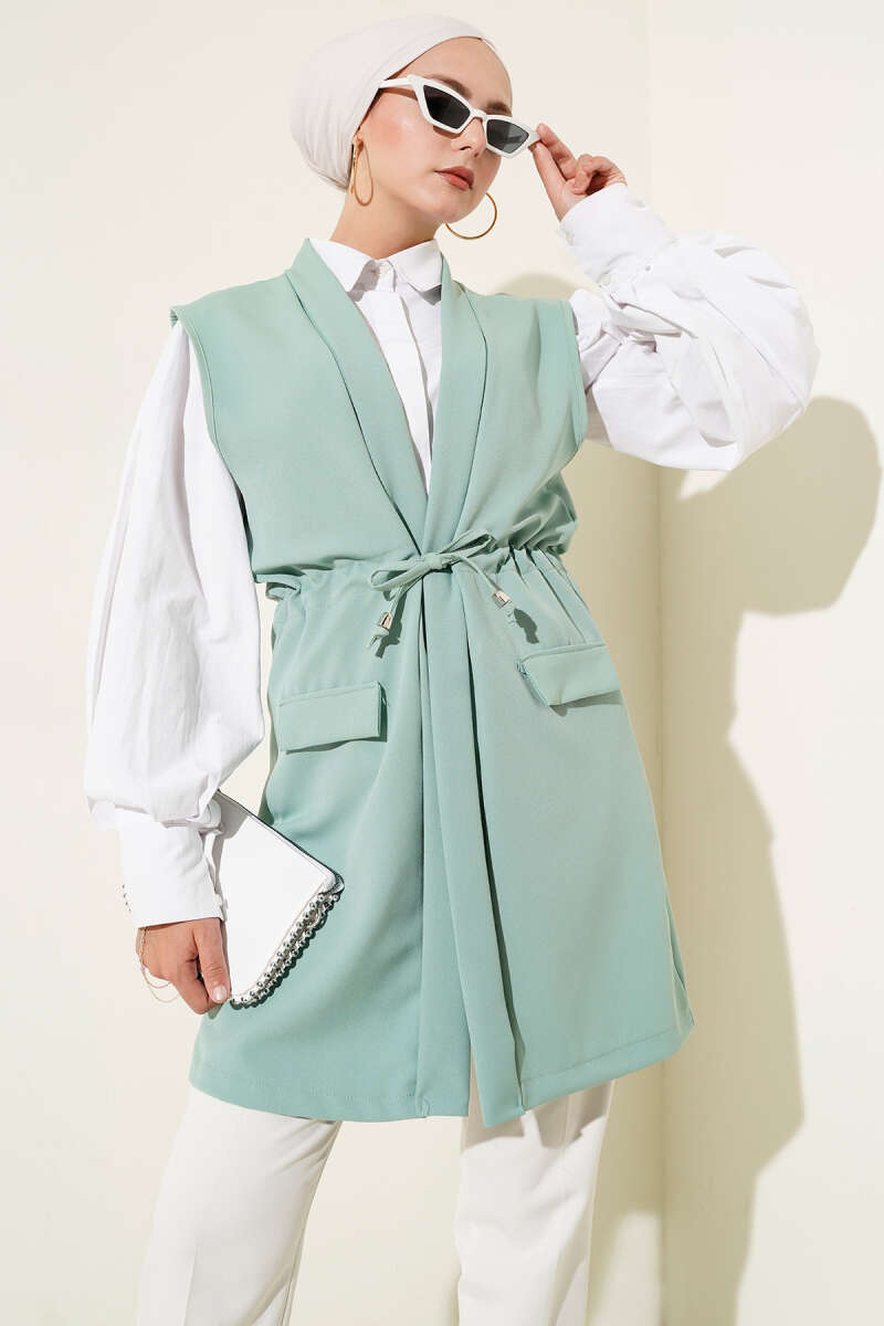 Vest with Faux Pockets and Drawstring - Almond Green
