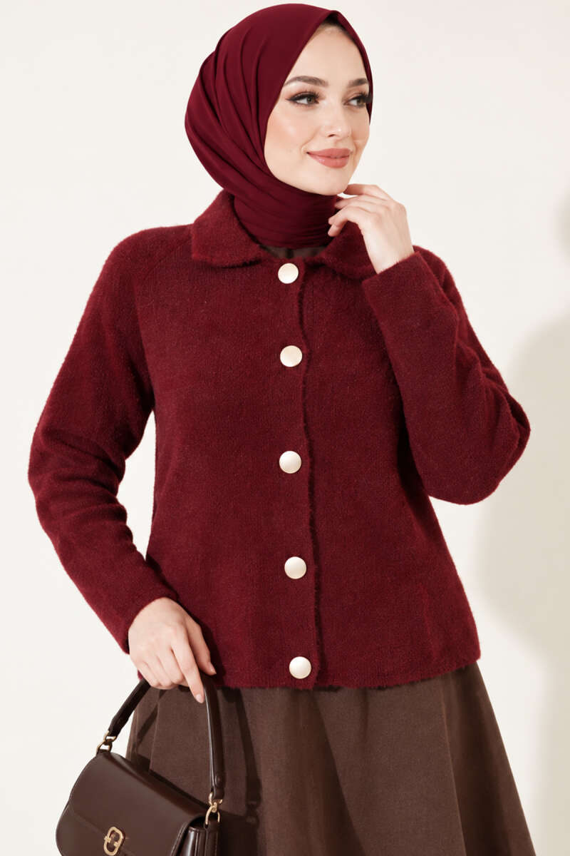 Brushed Button Cardigan - Burgundy