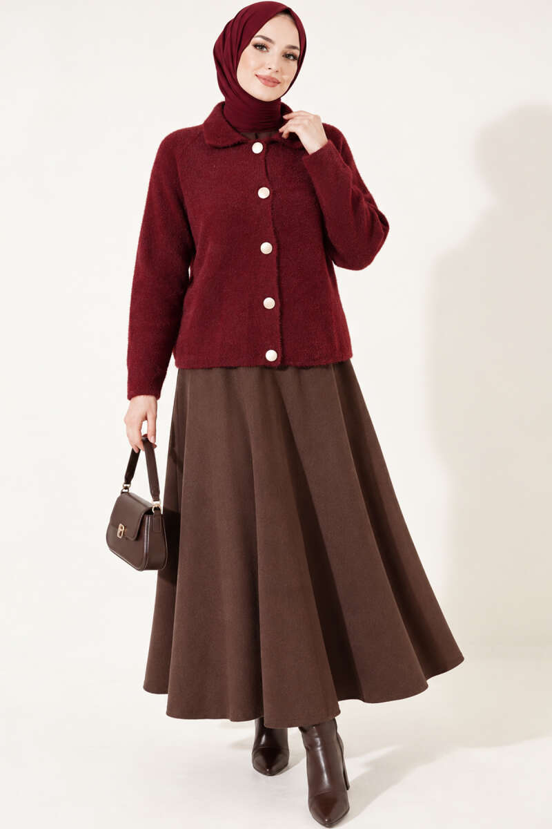 Brushed Button Cardigan - Burgundy