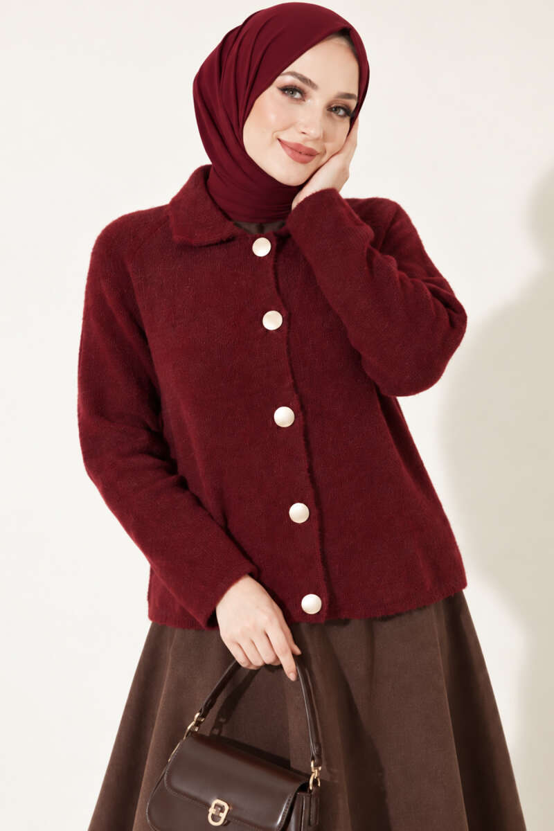 Brushed Button Cardigan - Burgundy