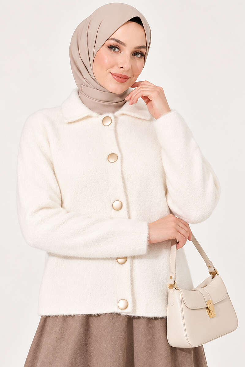 Brushed Button Cardigan - Ecru