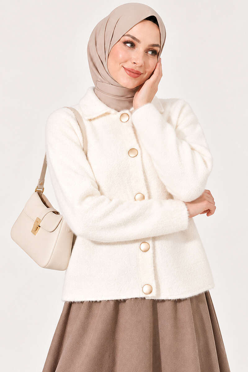 Brushed Button Cardigan - Ecru