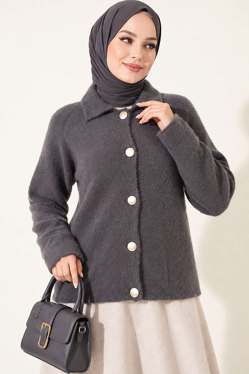 Brushed Button Cardigan - Smoke Grey
