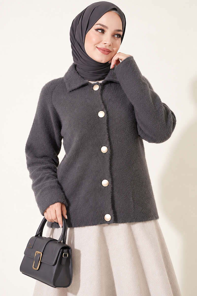 Brushed Button Cardigan - Smoke Grey