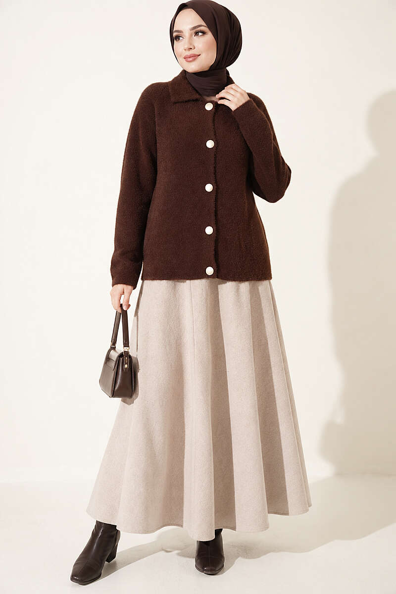 Brushed Button Cardigan - Brown