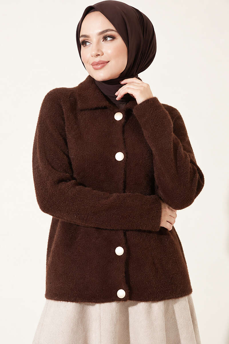 Brushed Button Cardigan - Brown