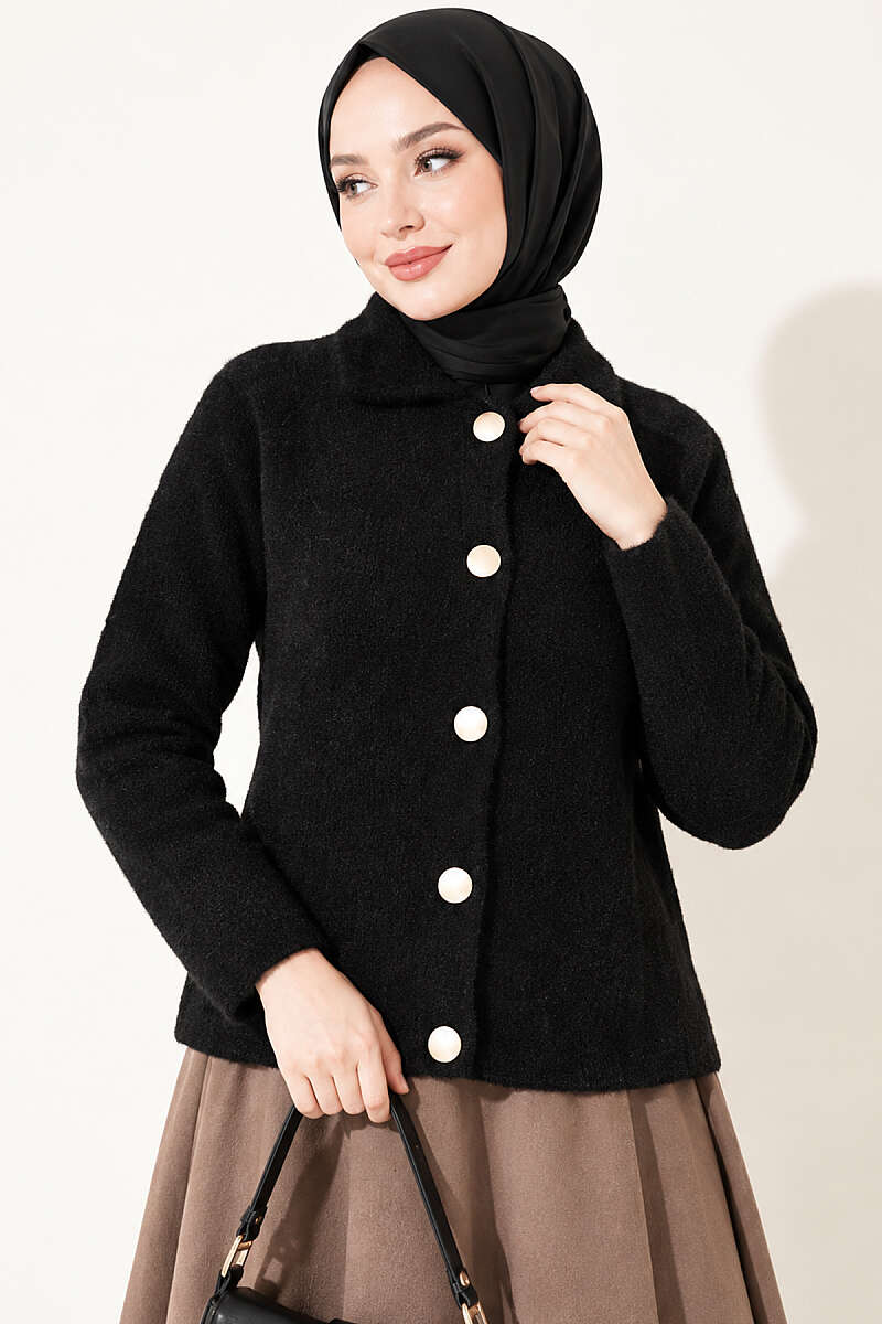 Brushed Button Cardigan - Black
