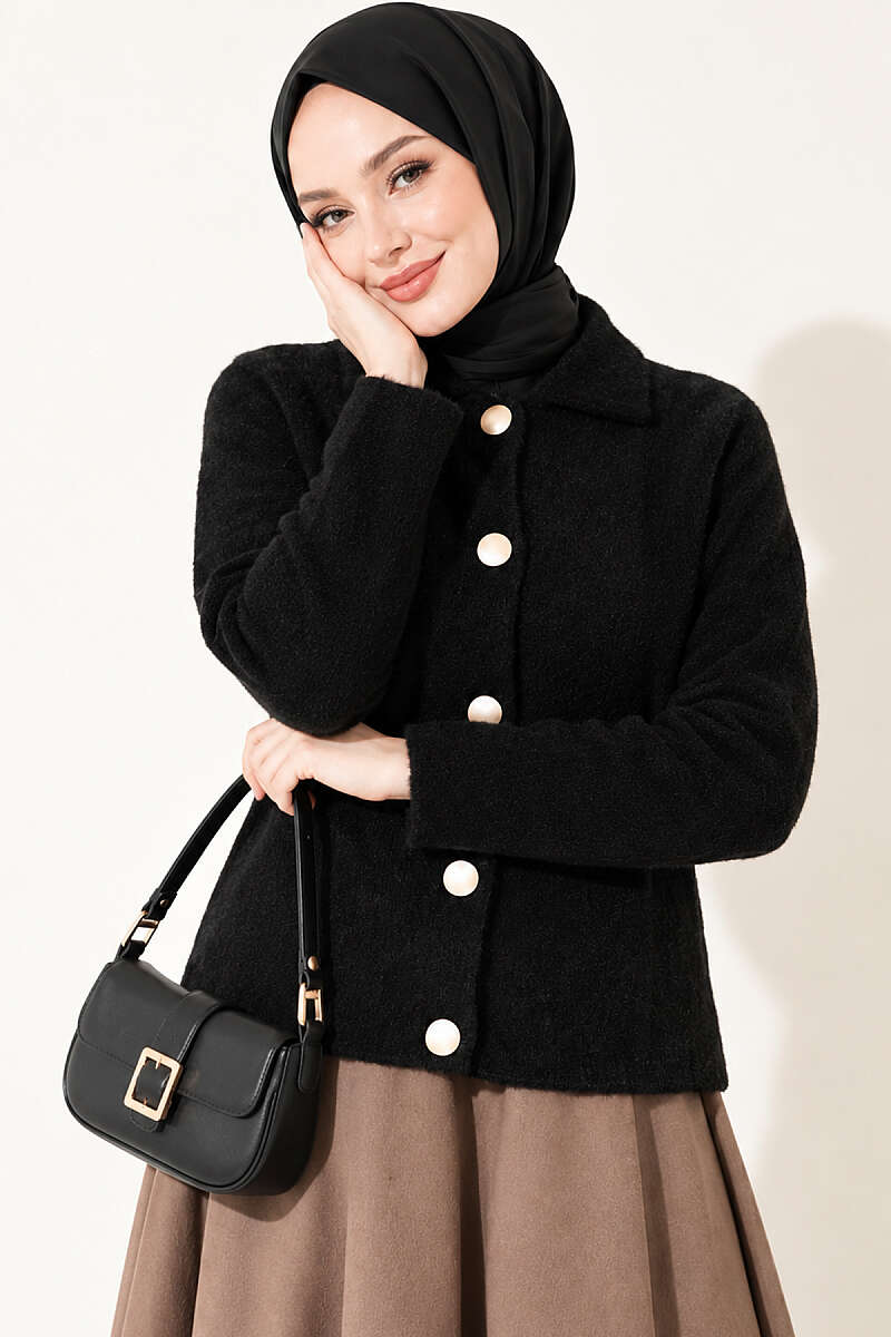 Brushed Button Cardigan - Black