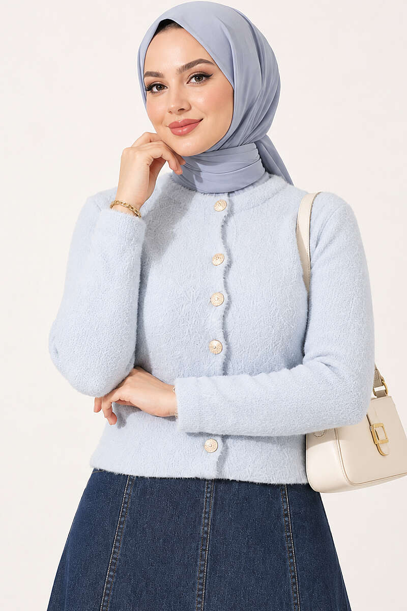 Short Brushed Button Cardigan - Ice Blue