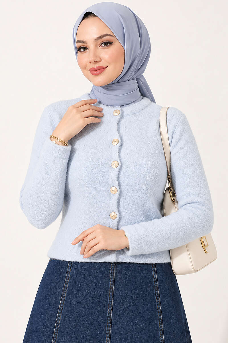 Short Brushed Button Cardigan - Ice Blue