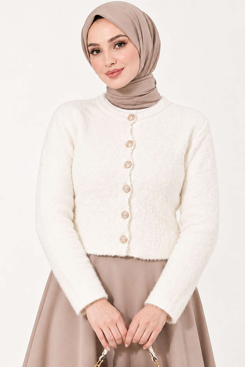 Short Brushed Button Cardigan - Ecru