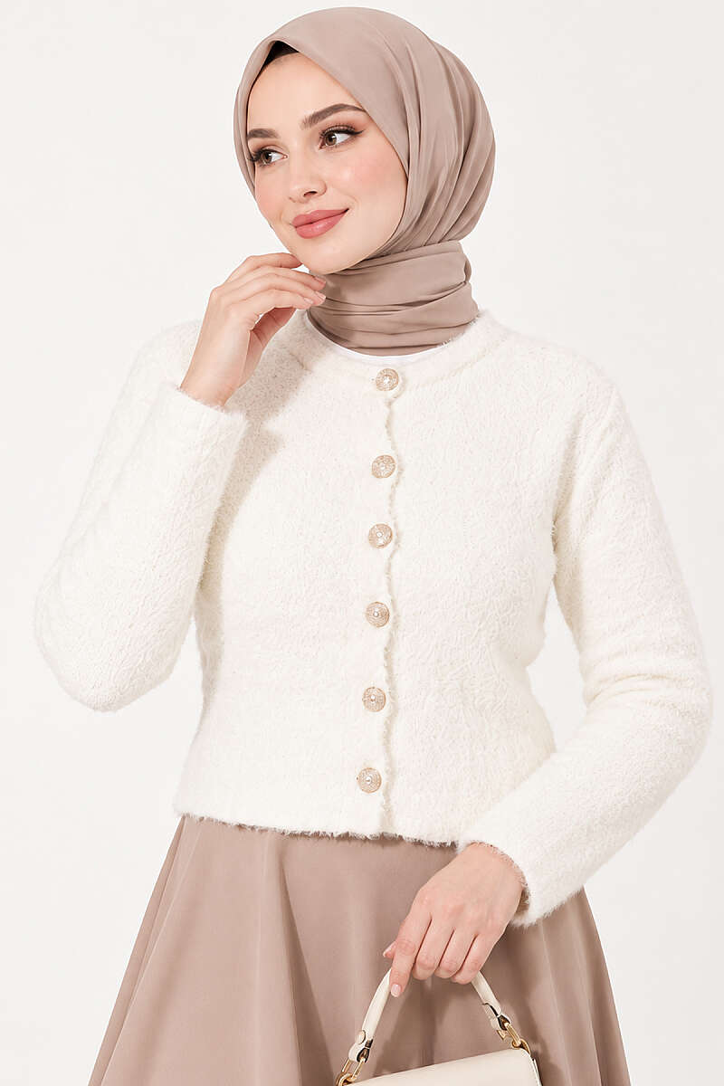 Short Brushed Button Cardigan - Ecru