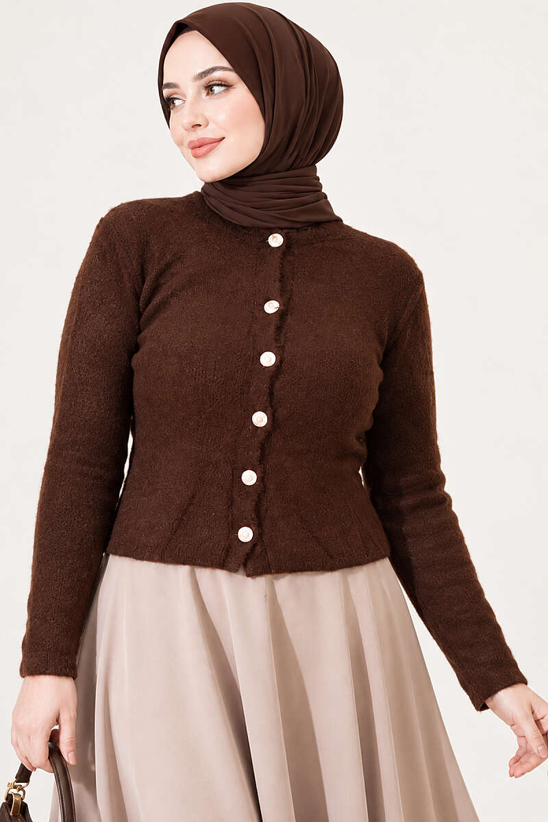 Short Brushed Button Cardigan - Brown