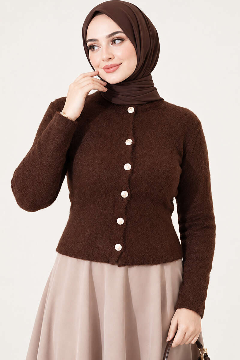 Short Brushed Button Cardigan - Brown