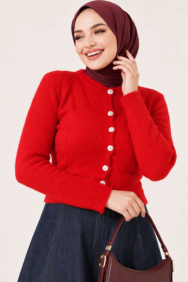 Short Brushed Button Cardigan - Red