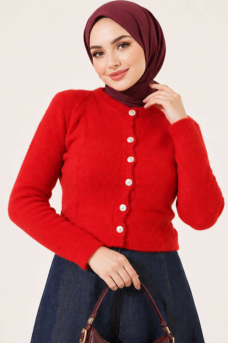 Short Brushed Button Cardigan - Red
