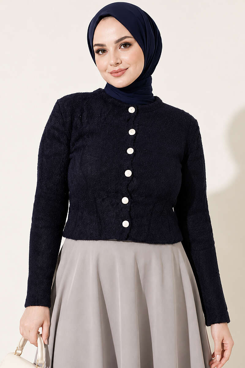 Short Brushed Button Cardigan - Navy