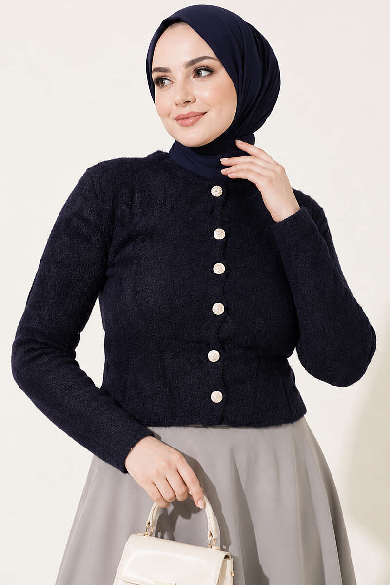 Short Brushed Button Cardigan - Navy
