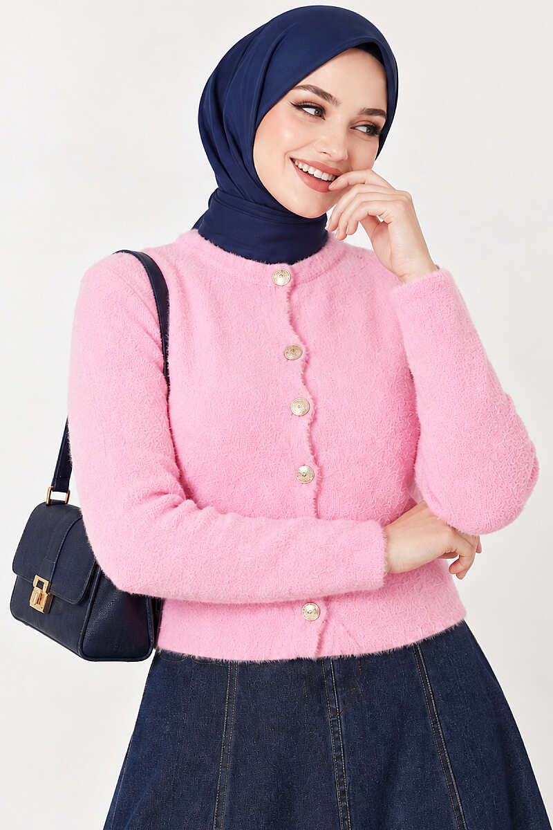 Short Brushed Button Cardigan - Pink