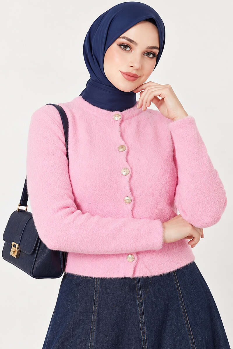 Short Brushed Button Cardigan - Pink