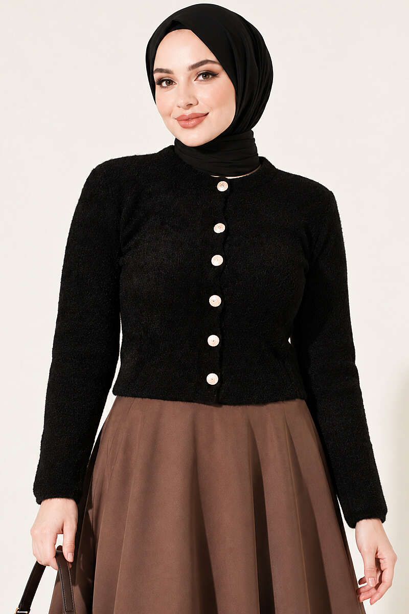 Short Brushed Button Cardigan - Black