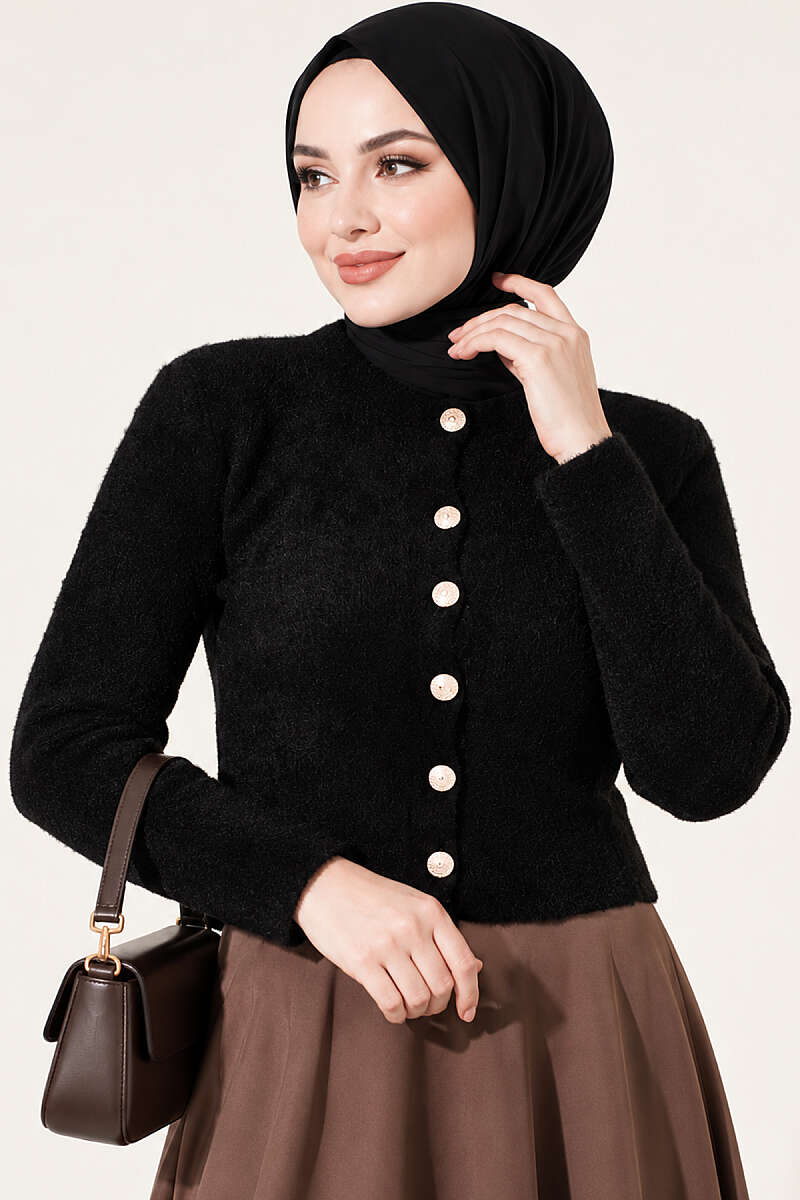 Short Brushed Button Cardigan - Black