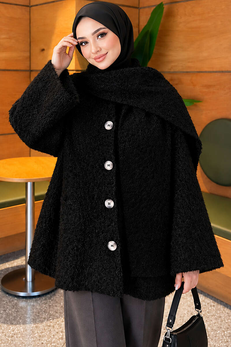 Fluffy Button Jacket with Scarf - Black