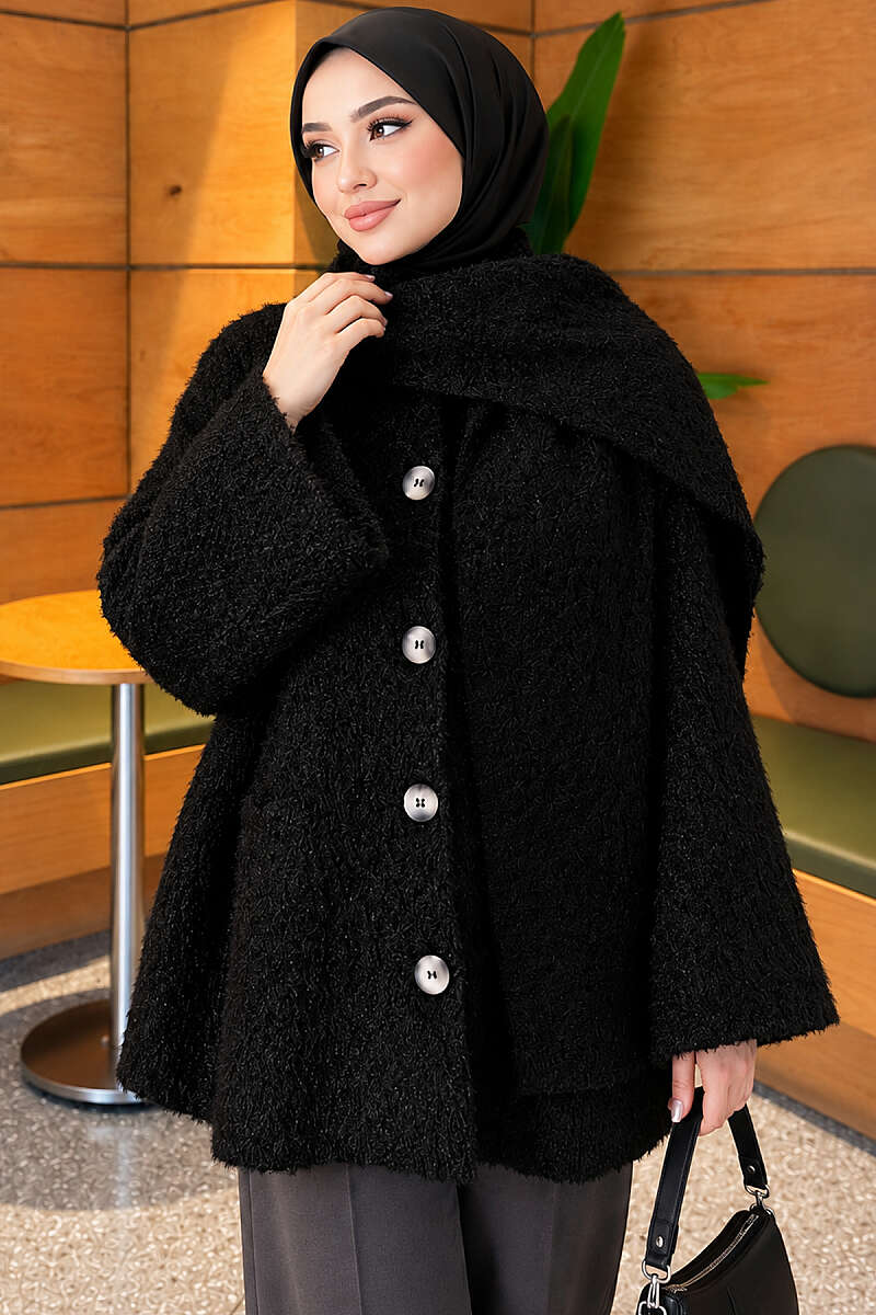 Fluffy Button Jacket with Scarf - Black