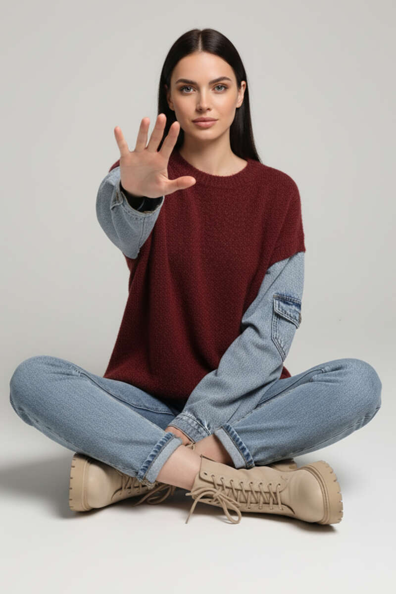 Fluffy Sweater with Denim Sleeves - Burgundy