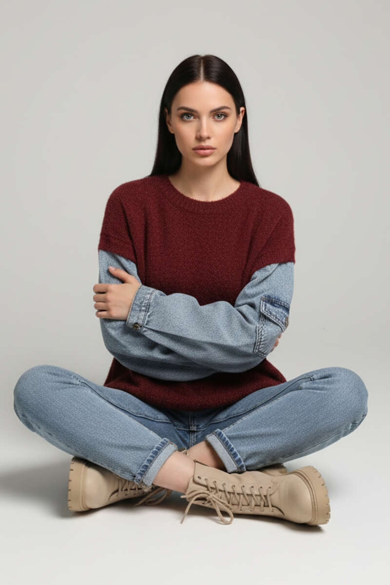 Fluffy Sweater with Denim Sleeves - Burgundy