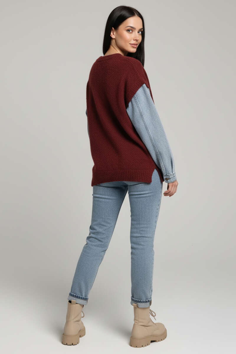 Fluffy Sweater with Denim Sleeves - Burgundy