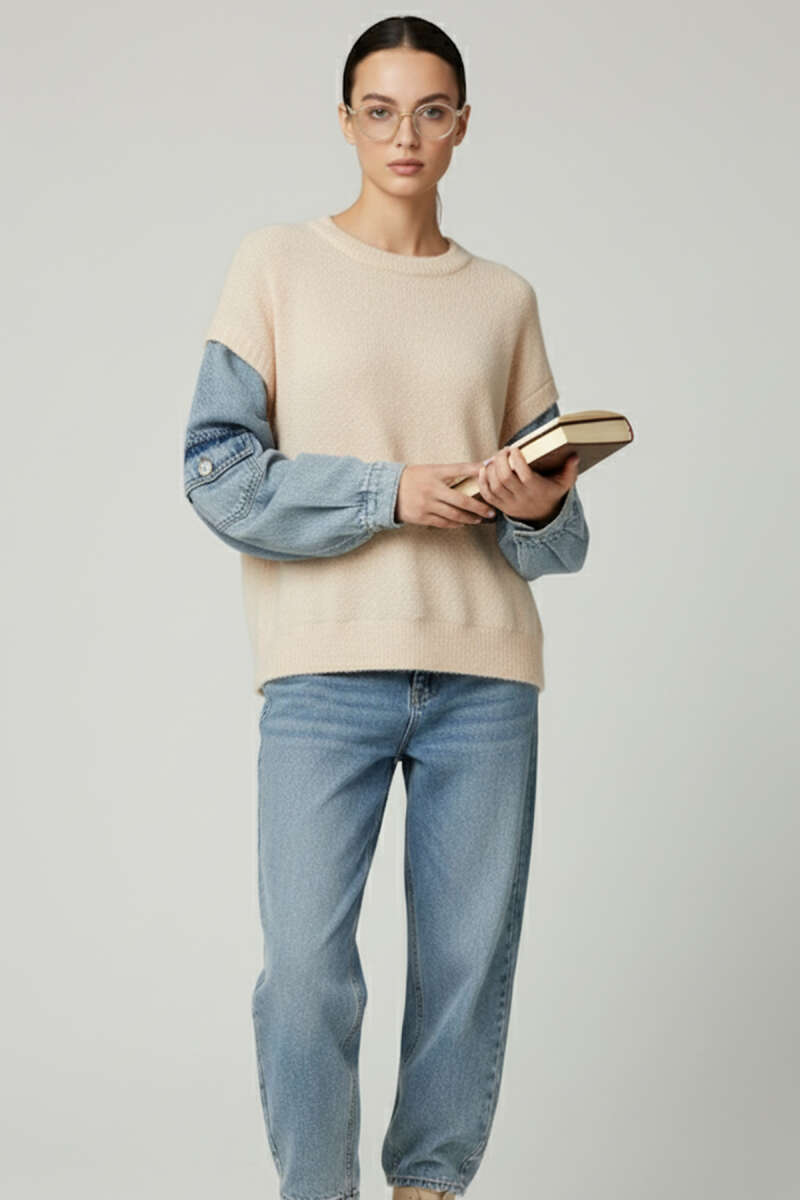 Fluffy Sweater with Denim Sleeves - Ecru