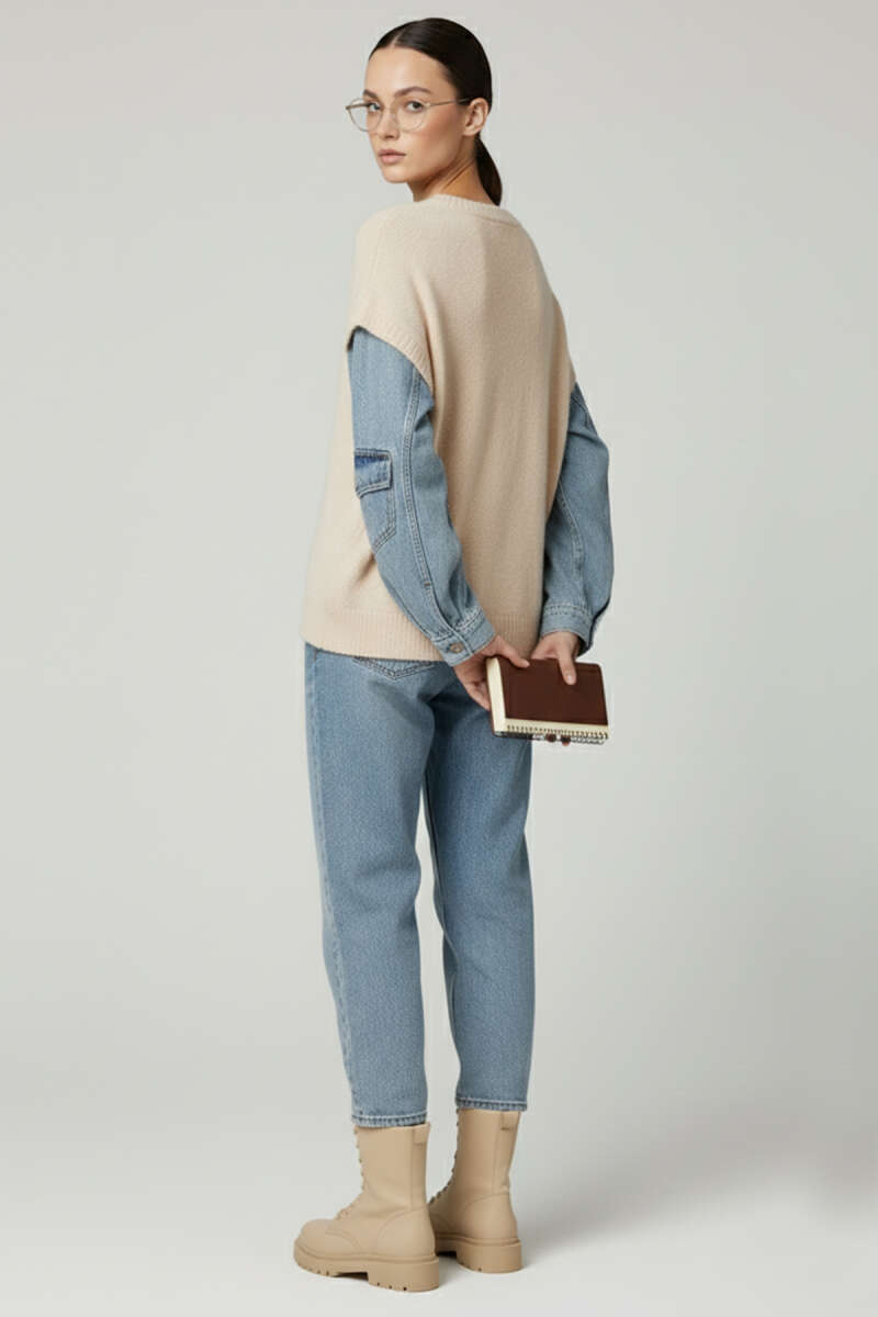Fluffy Sweater with Denim Sleeves - Ecru