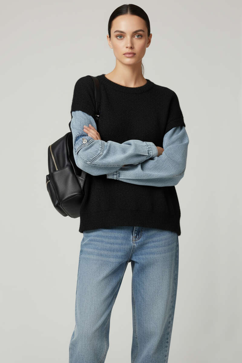 Fluffy Sweater with Denim Sleeves - Black