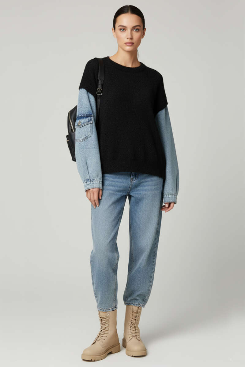 Fluffy Sweater with Denim Sleeves - Black