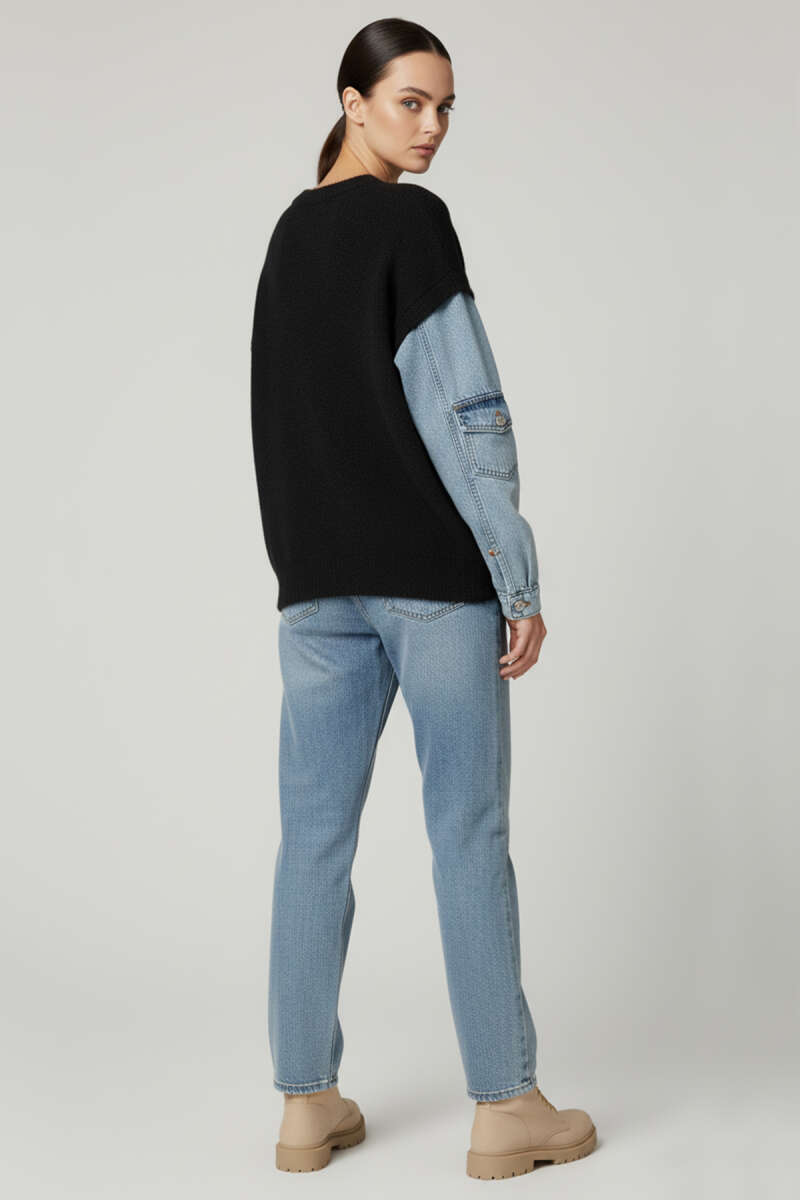 Fluffy Sweater with Denim Sleeves - Black