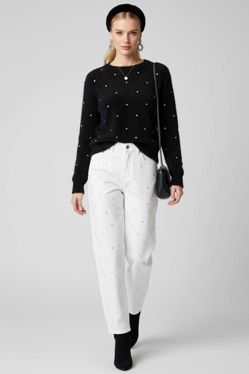 Fluffy Sweater with Stone Detail - Black
