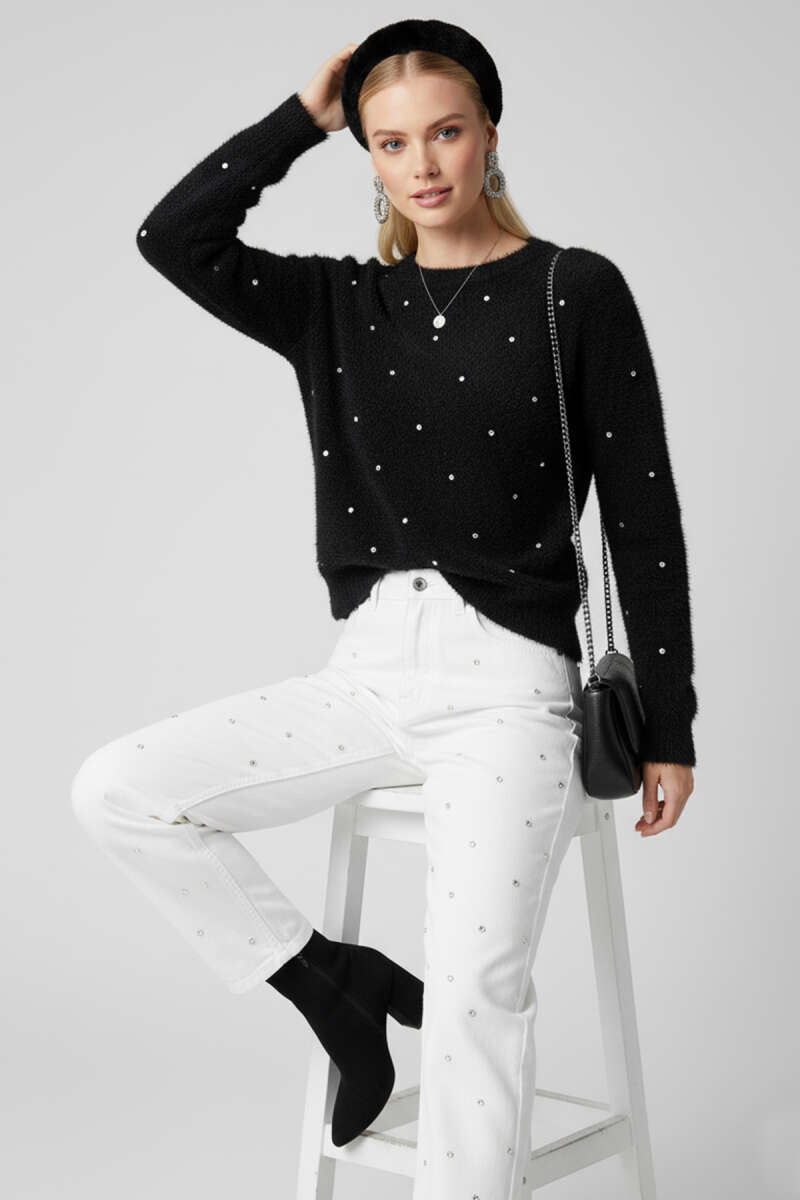 Fluffy Sweater with Stone Detail - Black