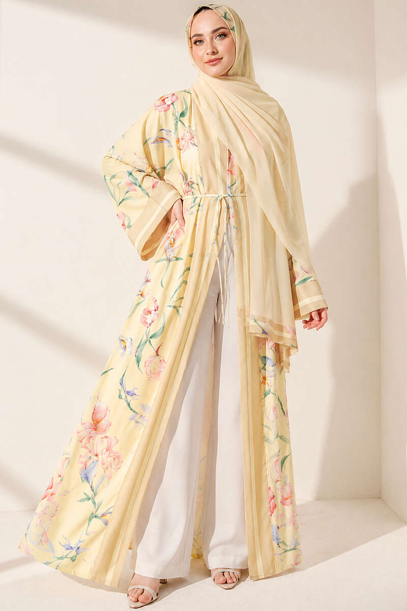 Floral Kimono with Scarf Detail - Yellow