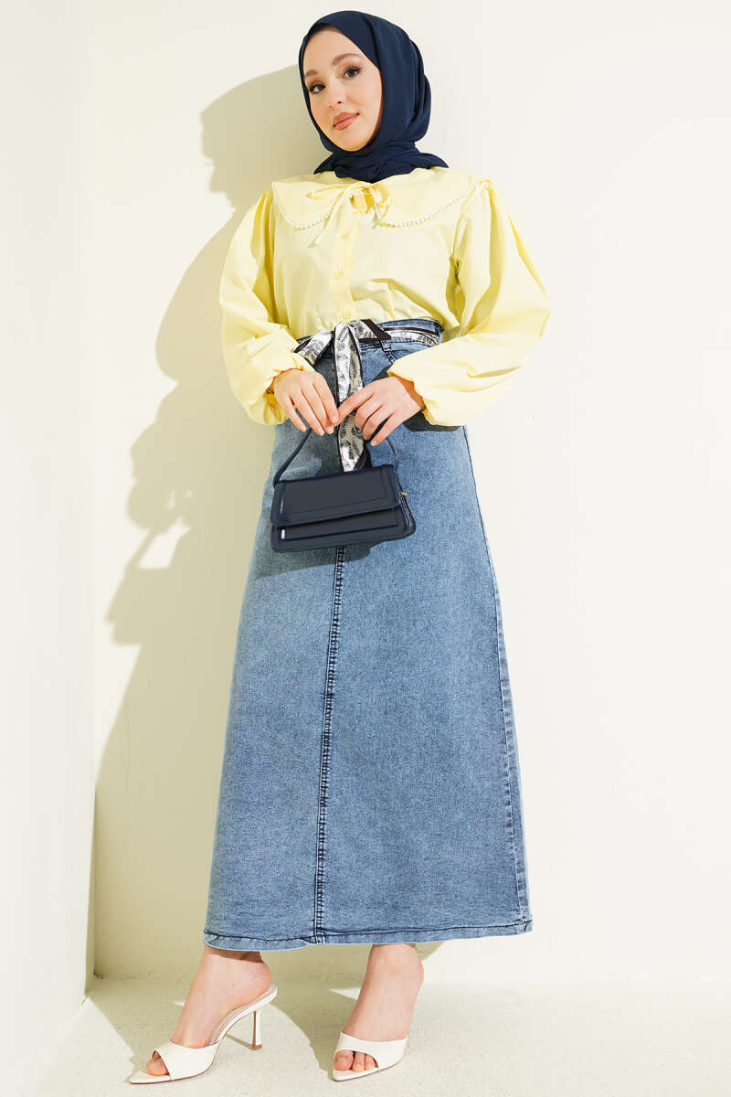 Denim Skirt with Scarf Detail - Light Blue
