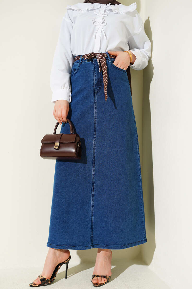 Denim Skirt with Scarf Detail - Denim Blue