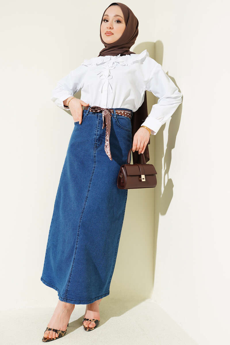 Denim Skirt with Scarf Detail - Denim Blue