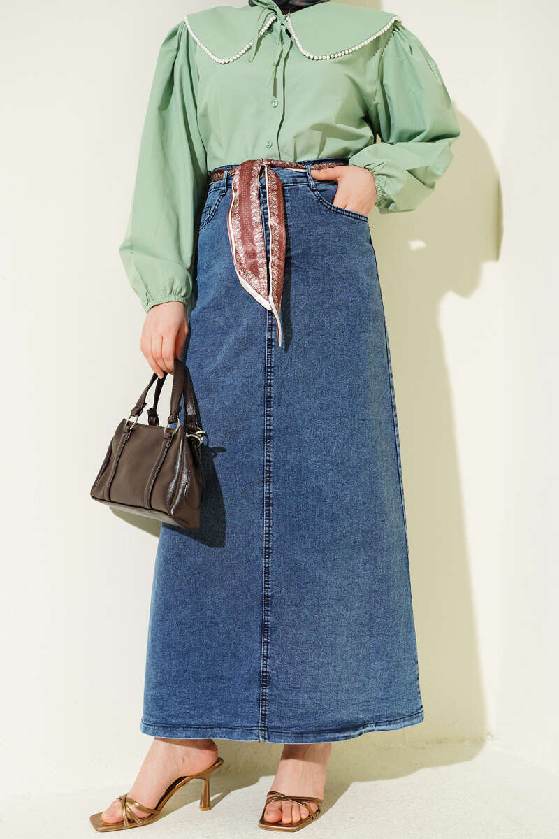 Denim Skirt with Scarf Detail - Blue