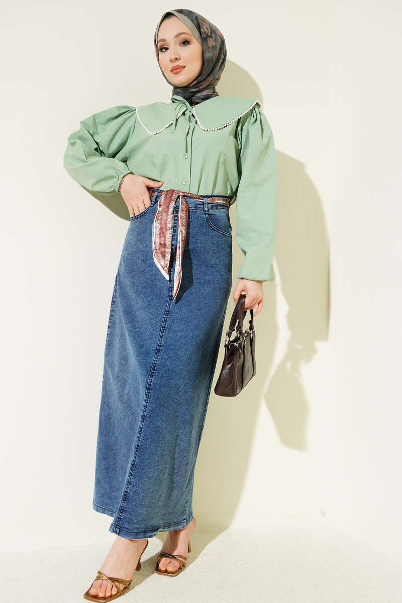 Denim Skirt with Scarf Detail - Blue