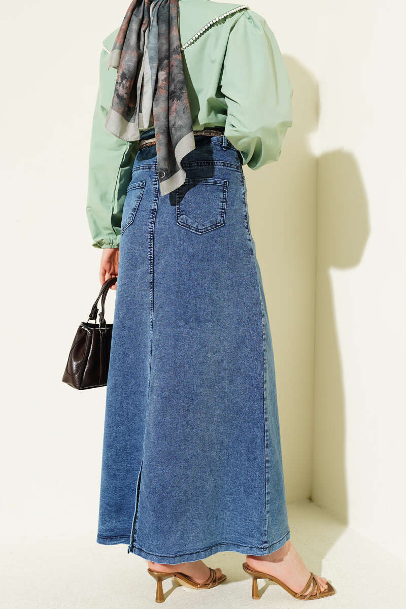 Denim Skirt with Scarf Detail - Blue