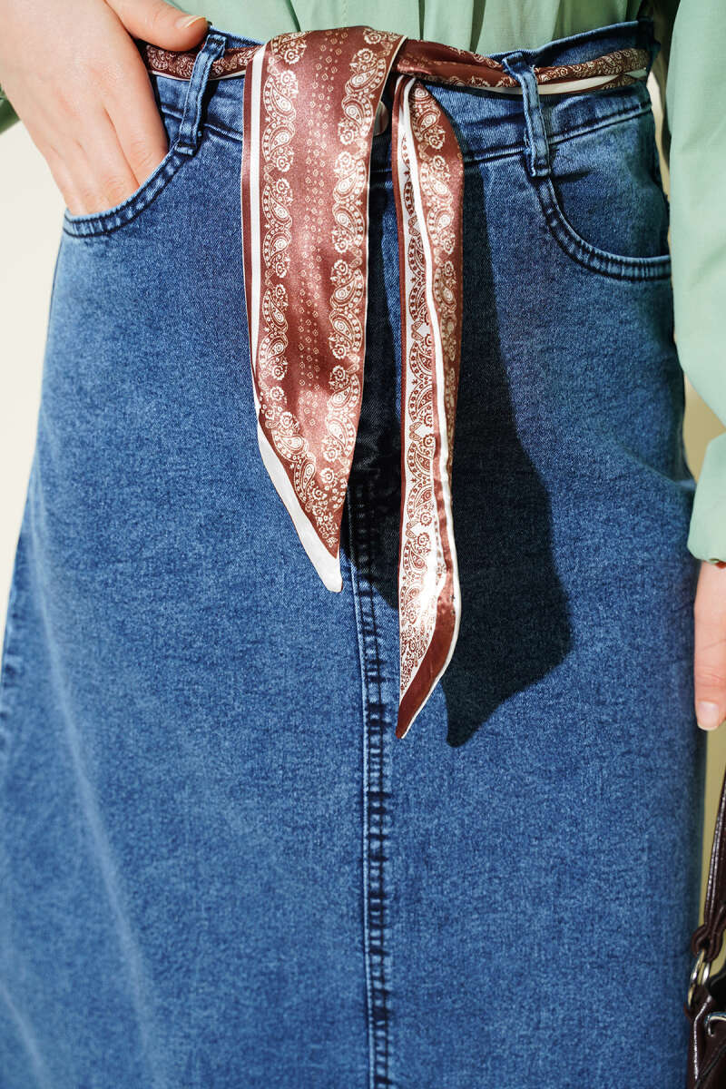 Denim Skirt with Scarf Detail - Blue