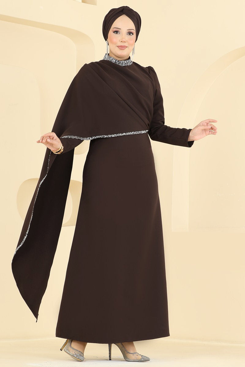 Embellished Evening Dress with Shawl - Dark Brown