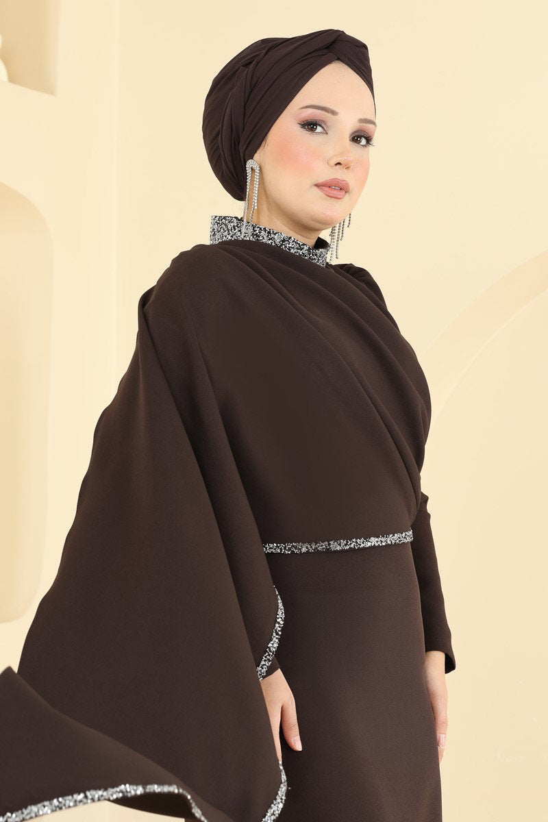 Embellished Evening Dress with Shawl - Dark Brown